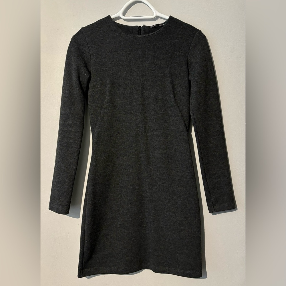 Zara Gray Fitted Long Sleeve Ribbed Shift Dress